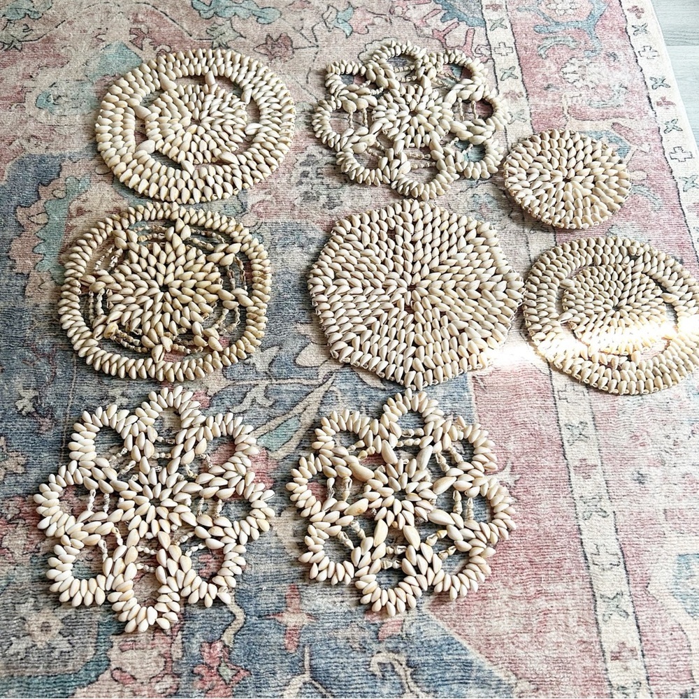 Vintage Seashell Strung Place Mat Pot Holder Lot Of 8 Shell
